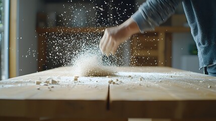 A person dusting and cleaning furniture with a burst of particles swirling in the air around them captured in a home interior scene