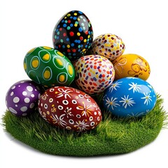 Painted Easter eggs lie in the green grass. Generative AI