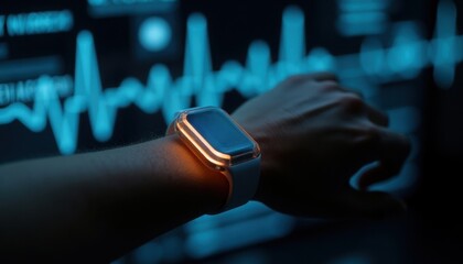 Wearable technology ECG concept. A sleek smartwatch displays vital signs against a glowing digital backdrop, showcasing modern health monitoring technology.