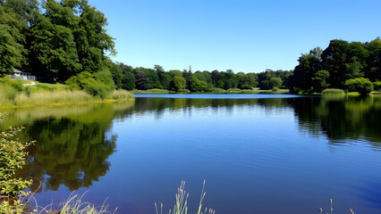A serene lakeside setting surrounded by lush greenery provides a peaceful atmosphere for a summer picnic