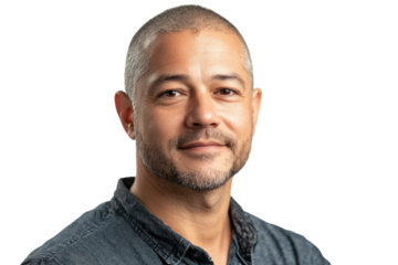Serene middle aged man with short gray hair and a subtle smile against a black background on transparent background