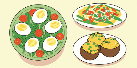Fresh and Colorful Vector of Easter Side Dishes with Eggs, Salad, and Stuffed Vegetables