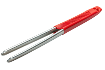Sleek silver tongs with a vibrant red handle isolated on a black background perfect for on transparent background