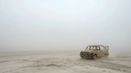 Layers of dust covering an old abandoned car in a mysterious post apocalyptic environment with a sense of decay neglect and the reclamation of nature over man made structures