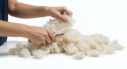 Hands Fluffing Off-White Stuffing on White Background