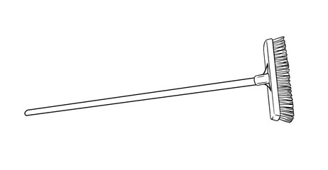 Line illustration of a long-handled floor brush. Ideal for sweeping large areas like patios, floors, or driveways. Suitable for cleaning visuals and icons.