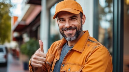 Enthusiastic handyman giving thumbs up, exuding positivity and satisfaction