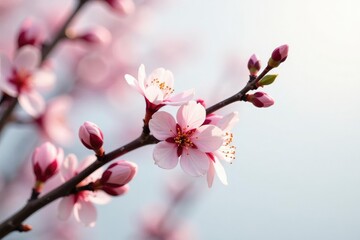 Single branch on white canvas with delicate buds, nature, blossom, flowers