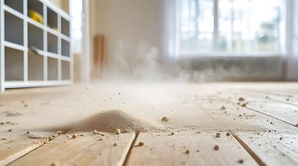 Extreme close up view of accumulated house dust and debris covering the worn weathered surface of an old wooden floor creating a textured organic and vintage inspired background