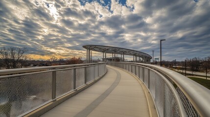 Modern pedestrian bridge arcs over stadium under dramatic sky.