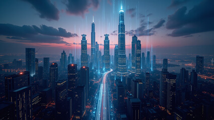 Fototapeta premium Nighttime Cityscape with Illuminated Buildings and Highway Light Trails