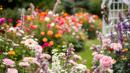 Obraz premium A tranquil garden setting filled with blooming flowers creates a romantic backdrop for an outdoor wedding