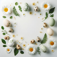 flowers and Easter eggs ftame  layout. nature background. Easter party concept.   Spring holidays concept.