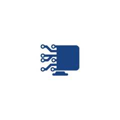 Modern tech logo combining two microchip circuit patterns forming a symmetrical digital symbol. Suitable for technology companies, artificial intelligence, IT hardware, innovation labs, data engineeri