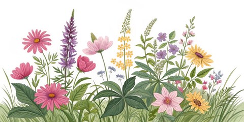 Floral Composition Watercolor Wildflower Meadow, Botanical Illustration, Nature Art. Floral Design, Wildflowers