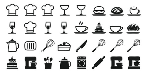 Kitchen Cooking Utensils and Appliances Vector Icons Set for Food Preparation