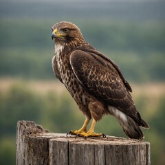 Fototapeta premium Common Buzzard bird on piece of wood