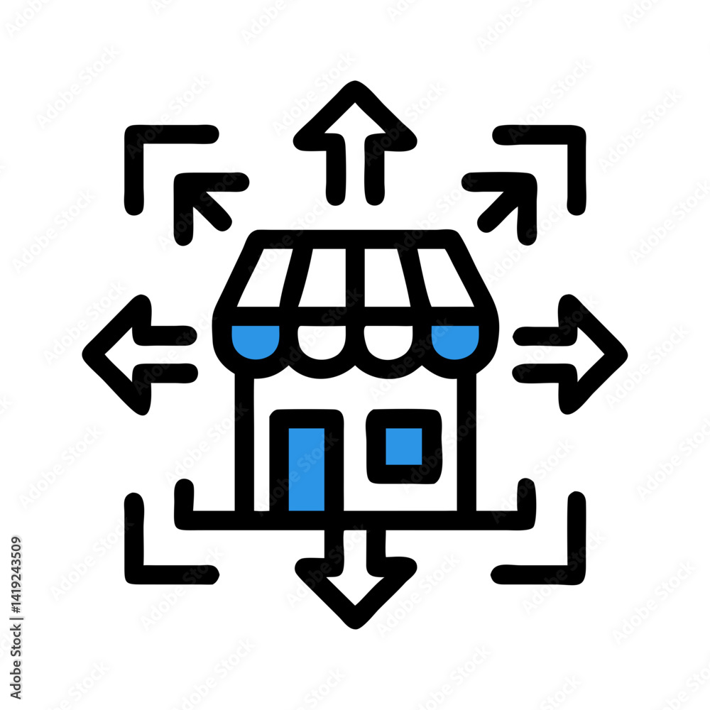 Poster Store with Arrows Icon Representing Multichannel Retail and Omnichannel Distribution