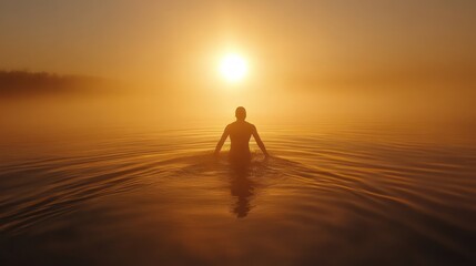 Fototapeta premium Golden Hour Serenity: A Solitary Figure Walks into the Misty Lake at Sunrise