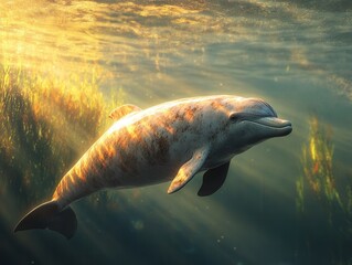 Fototapeta premium Discovering the magical world of a pink Amazon dolphin beneath shimmering waters at dawn.