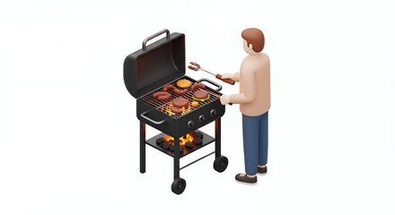 Isometric 3D Render of Person Grilling Food on a Black Charcoal Grill Against White Background