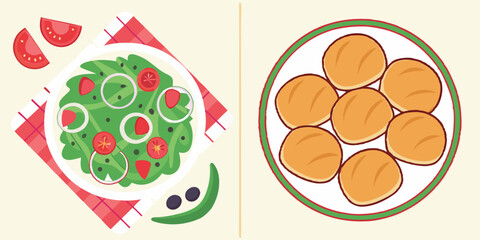 Fresh Healthy Vegetable Salad and Golden Fried Patties Vector of Easter Side Dishes