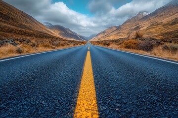 Open road stretches through mountains under a moody sky, inviting adventures in a remote landscape