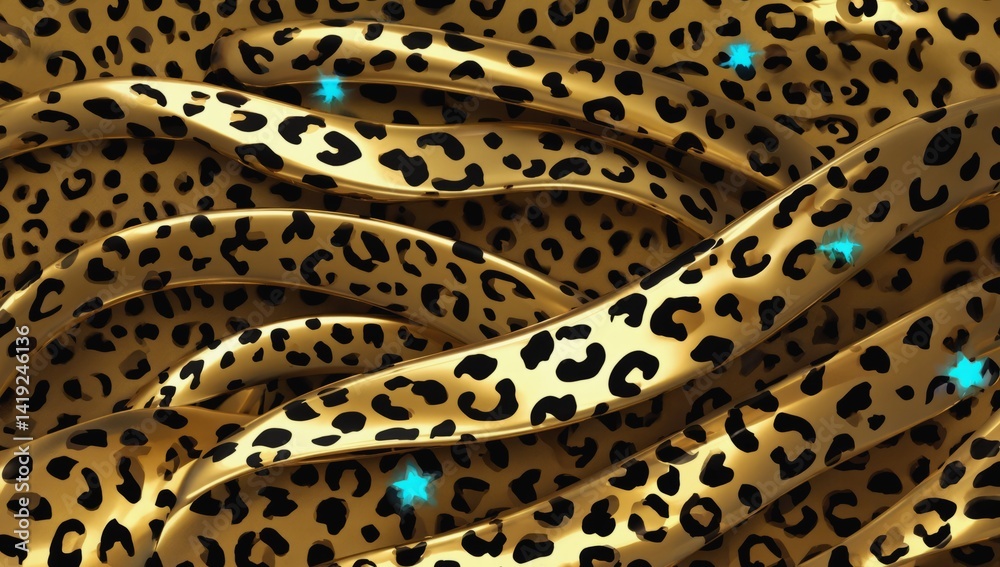 Poster vibrant abstract background depicting flowing golden textures and leopard print patterns intersperse