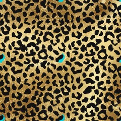 Vivid abstract leopard print background with gold and turquoise accents creates a striking visual texture