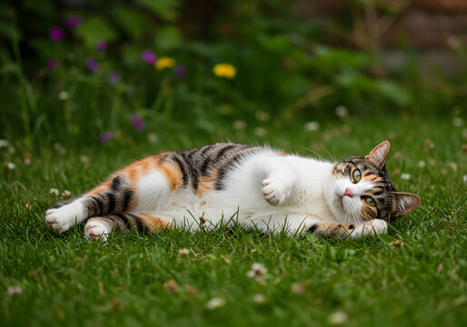 Calico Cat Enjoying the Softness of Fresh Grass