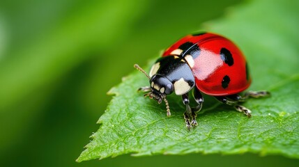 A vibrant red ladybug rests upon a green leafy surface