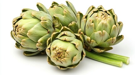 Fototapeta premium Fresh green artichoke isolated on a neutral background, showcasing its natural texture, vibrant color, and organic detail, perfect for healthy food, nutrition, vegetarian, and culinary design concepts