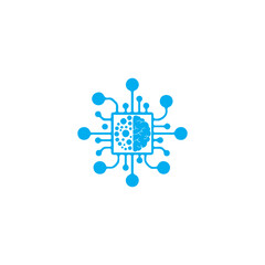 AI brain chip logo with neural circuit lines extending outward. The design merges a brain and a microchip, symbolizing artificial intelligence, machine learning, deep learning, and neural networks. Pe