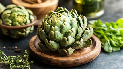 Fototapeta premium Fresh green artichoke isolated on a neutral background, showcasing its natural texture, vibrant color, and organic detail, perfect for healthy food, nutrition, vegetarian, and culinary design concepts