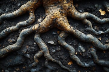 Root system exposed in soil showcasing intricate patterns of nature's growth