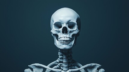 A realistic human skeleton model against a dark background, showcasing detailed bone structure and anatomical features.