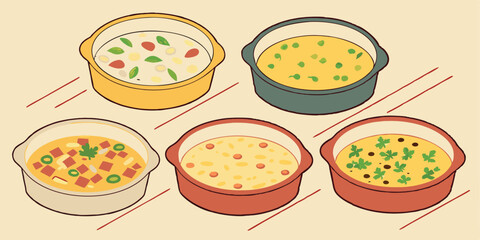 Vector Image Graphic Art Illustration of Various Hot Soup Bowls with Different Ingredients