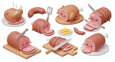 Kawaii Pastel Roasted Meats 3D Render Isometric Illustration