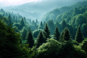 Fototapeta premium Lush Green Forest Landscape with Foggy Mountain Background at Daytime