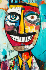 Obraz premium Contemporary art collage of happy man with colourful brush strokes over green background, Illustration poster, Eclectic style