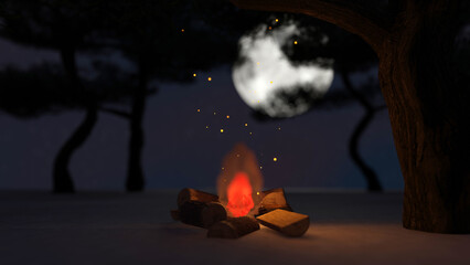 A camp fire on sand ground with star field in full moon night (3D Rendering)