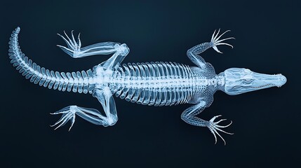 An x-ray image of an alligator skeleton, showcasing its intricate bone structure against a dark background.