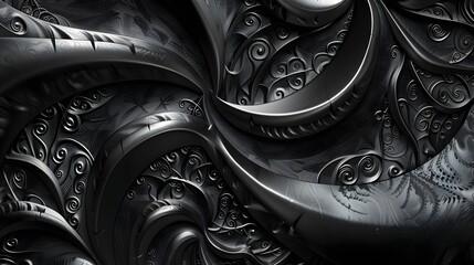 Abstract Black Metal Swirls: Intricate 3D Render of Organic, Curving, and Intertwined Metallic Forms with Detailed Scrollwork, Creating a Luxurious and Darkly Elegant Design