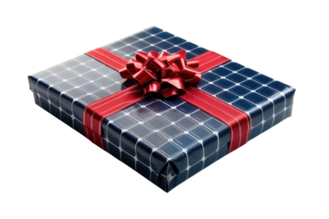 A perfectly wrapped gift showcasing solar panel design a sustainable present idea tied with a on transparent background