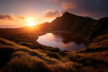 Fototapeta premium Dramatic Mountain Lake at Golden Sunset with Grassy Hillside View
