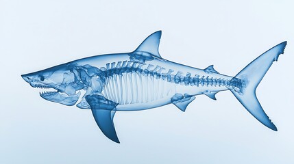Obraz premium A detailed X-ray image of a shark, showcasing its skeletal structure and anatomy in an intricate blue hue.