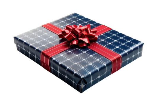 A perfectly wrapped gift showcasing solar panel design a sustainable present idea tied with a on transparent background
