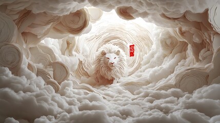 A mystical lion surrounded by swirling clouds of ethereal paper cut layers creating a fantastical surreal and highly imaginative visual composition