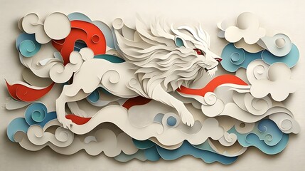 Majestic lion enveloped in swirling layers of paper cut clouds creating a captivating and mystical digital The scene evokes a sense of fantasy imagination and atmospheric wonder
