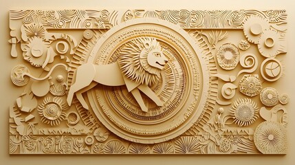 Meticulously crafted paper cut lion design with intricate tribal patterns and warm golden lighting creating a captivating and sophisticated representation of the powerful feline